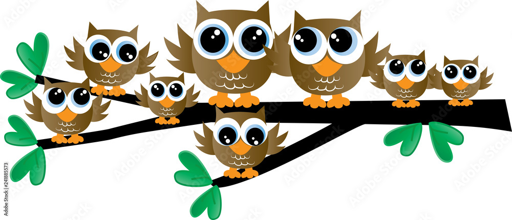 Obraz premium rodzina brązowa urocza sowa siedzi na gałęzi