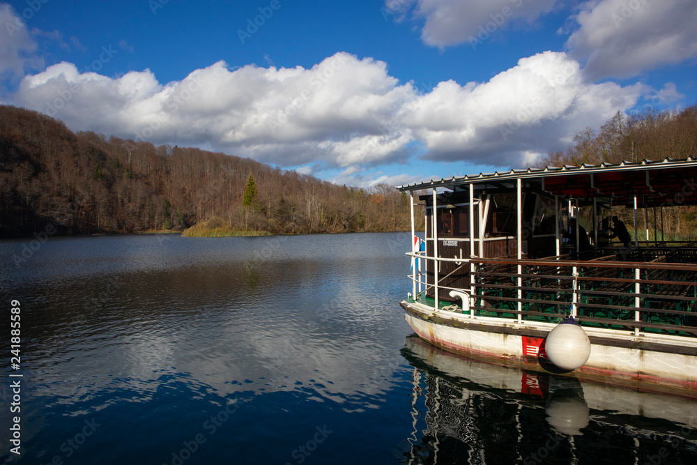Steamer ship on lake in Plitvice Lakes National Park Steamer ship on lake in Plitvice Lakes National Park