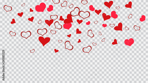 Red hearts of confetti are flying. Design element for wallpaper, textiles, packaging, printing, holiday invitation for Valentine's Day. Spring background. Red on Transparent fond Vector.