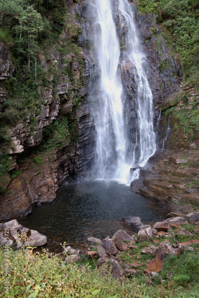 Fototapeta premium Waterfall from the Riachão spring in the Park in Minas Gerais brazil The limbo of the spring Ribeirão da Areia surroundings of Serra do Cabral Casca Danta of the São Francisco river in Canastra park