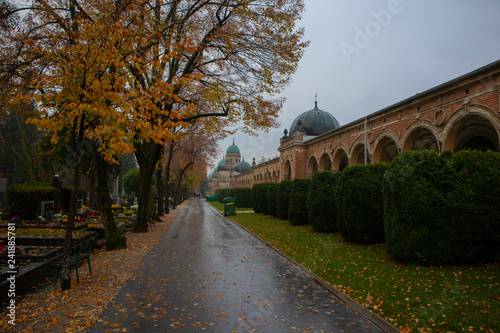 Wet cemetery path of Mirogoj in a autumn day, Croatia, Zagabria