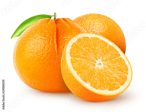 Isolated oranges. Two whole orange fruit with half isolated on white background with clipping path