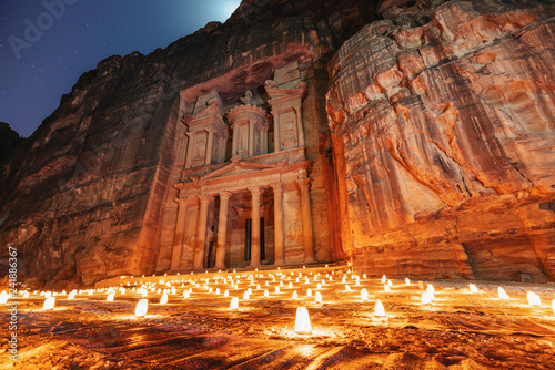 Petra by night, Treasury ancient architecture in canyon, Petra in Jordan. 7 wonders travel destination in Jordan photo