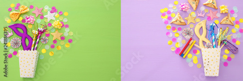 Purim celebration concept (jewish carnival holiday) over wooden pink and green background.