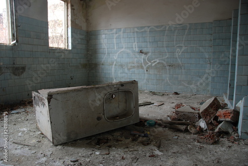 Urbex, ruins of bathroom in scary abandoned building 
