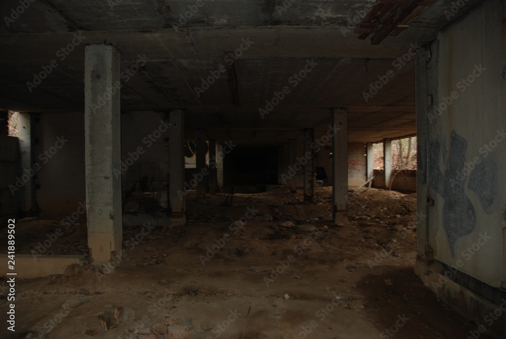 Dark basement of abandoned decay building, urbex