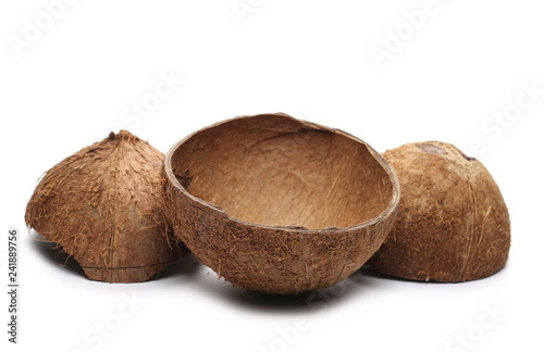 coconut fruit shell cut in half isolated on white background, design element 