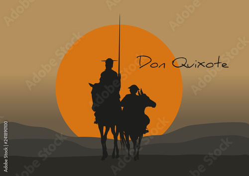 Vector Ilustration silhouette of Don Quixote de la Mancha, of Cervantes spanish novelist, with windmills and sunset