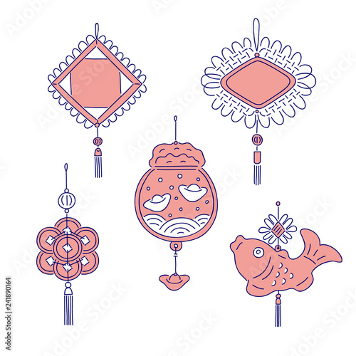 Chinese New year traditional money talismans. Vector line art set for holiday home decoration national celebration symbols of China culture.