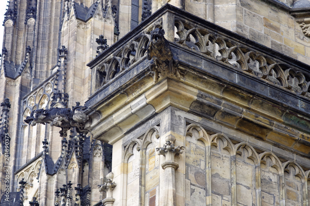 Close view of the gargoyles on the  outer walls of St. Vitus Cathedral at Prague, Czech Republic