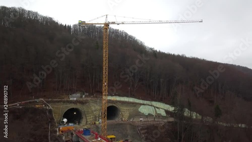 Aerial of complex new railway bridge construction between two tunnels in the Swabian Alps between Stuttgart and Ulm in Germany photo