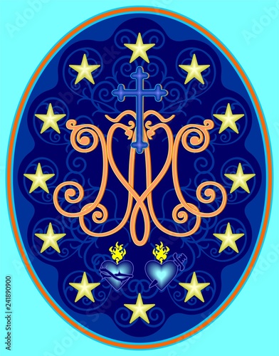 Miraculous medal of Our Lady, monogram M with symbols of hearts, surrounded by stars