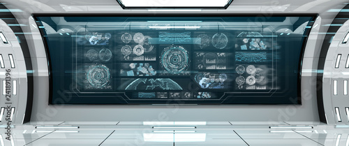 White spaceship interior with control panel digital screens 3D rendering