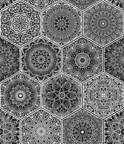 Oriental seamless pattern in colorful boho chic style with mandala in hexagon elements, patchwork imitation
