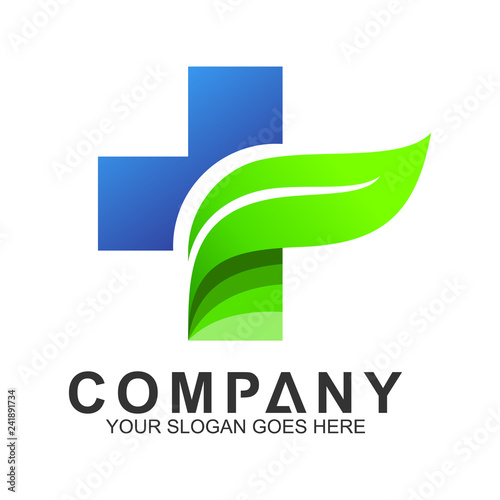 natural healthy, herbal medicine, leaf with medical cross logo