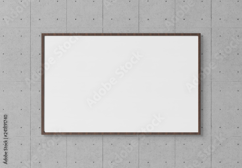 Black rectangular horizontal frame hanging on a white wall mockup 3D rendering