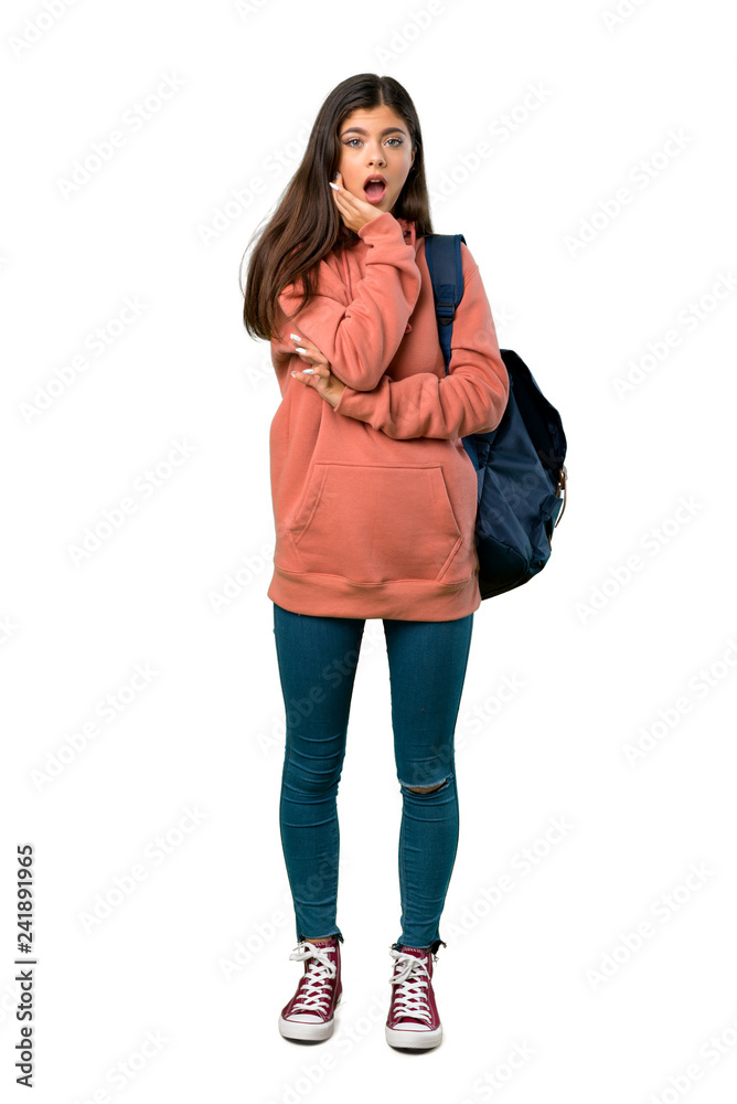 A full-length shot of a Teenager girl with sweatshirt and backpack surprised and shocked while looking right A full-length shot of a Teenager girl with sweatshirt and backpack surprised and shocked while looking right