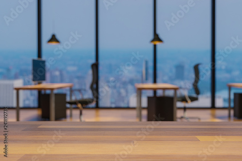Close up of empty wooden table, blurry colorful modern office interior background, copy space, 3D Illustration