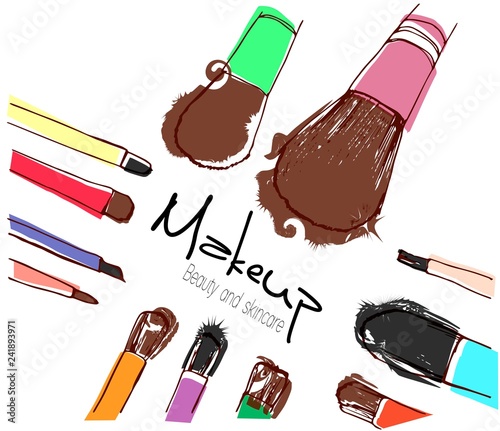 Watercolor hand drawn illustration of makeup brushes.