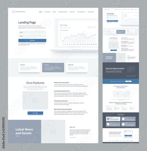 One page website design template for business. Landing page wireframe. Flat modern responsive design. Ux ui website: home, features, news, opportunities, subscribe, explore, testimonials, order.
