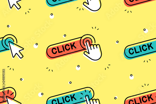 Seamless pattern with Click here button with hand icon and Click here button with Cursor icon. Isolated on yellow background