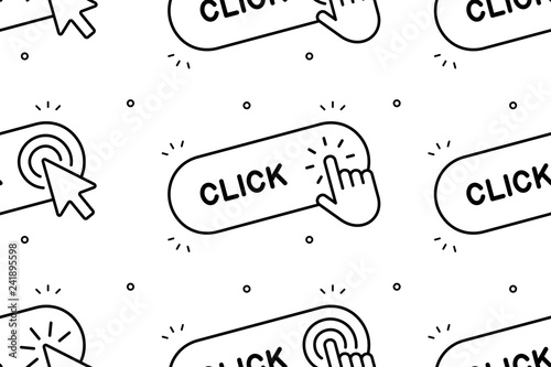 Seamless pattern with Click here button with hand icon and Click here button with Cursor icon. Isolated on White background