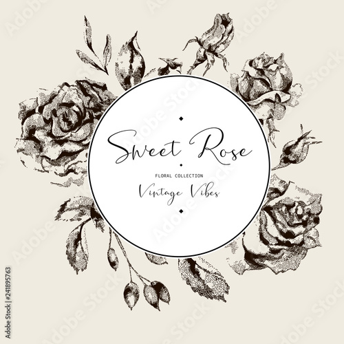 Vector vintage roses black and white floral greeting card, flowers