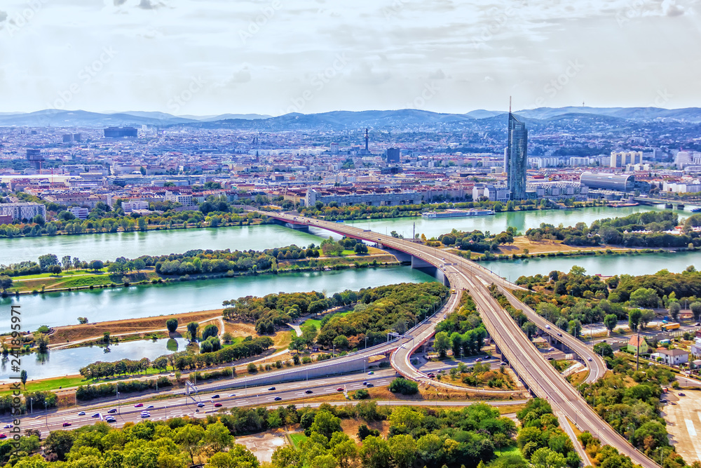Vienna skyline, panoramic view on the Danube and the roads