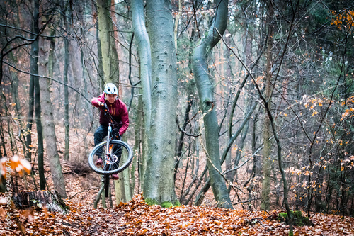 Sport extrême vtt de descente dans les bois en automne