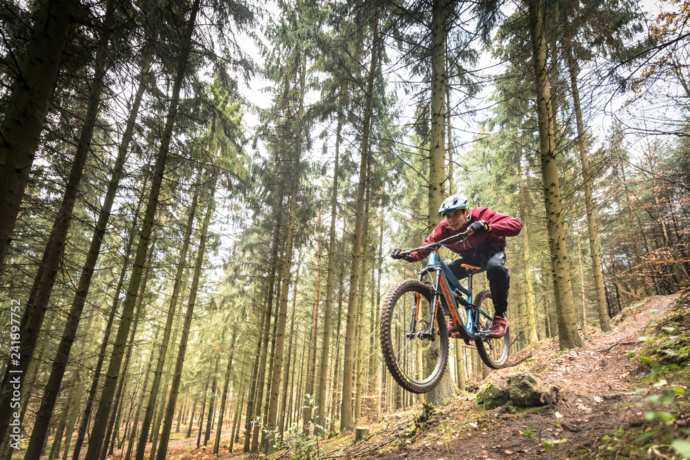 Sport extrême vtt de descente dans les bois en automne