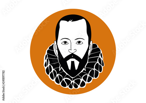 Vector Ilustration Cervantes,  writer of Don Quixote de la Mancha, spanish novel, with windmills and sunset