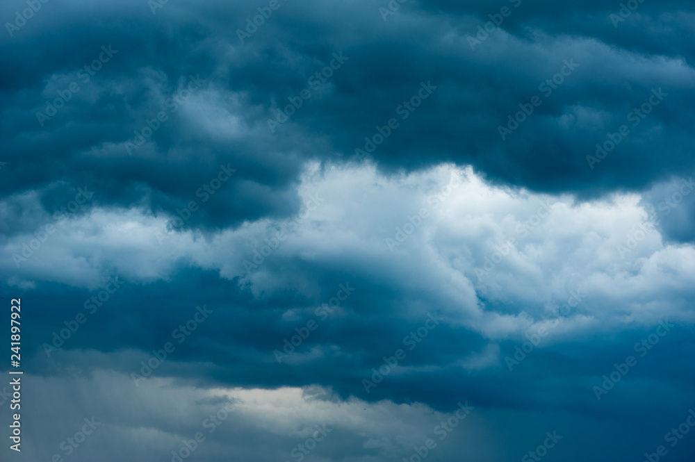 Dark sky background. Deep magic image of sky before thunder with cumulus clouds. Dramatic dark cloudy sky, natural photo background