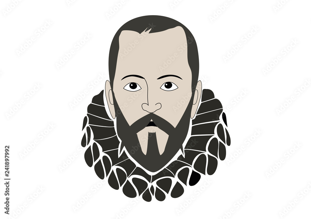 Vector Ilustration Cervantes, writer of Don Quixote de la Mancha, spanish novel, with windmills and sunset, on white background Vector Ilustration Cervantes, writer of Don Quixote de la Mancha, spanish novel, with windmills and sunset, on white background