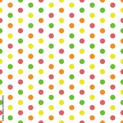 Colorful Polka Dots Seamless Pattern - Green, pink, yellow, and orange polka dots on white background
