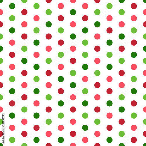 Colorful Polka Dots Seamless Pattern - Green, light green, pink, and red polka dots on white background