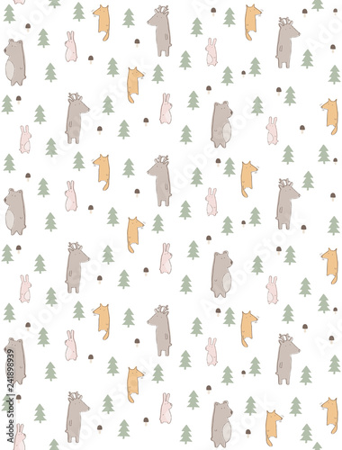 Lovely Hand Drawn Woodland Theme Vector Pattern. Cute Abstract Animals Standing Among Trees. White Background. Funny Infantile Style Nursery Art. Bear, Fox, Deer and Bunnies.