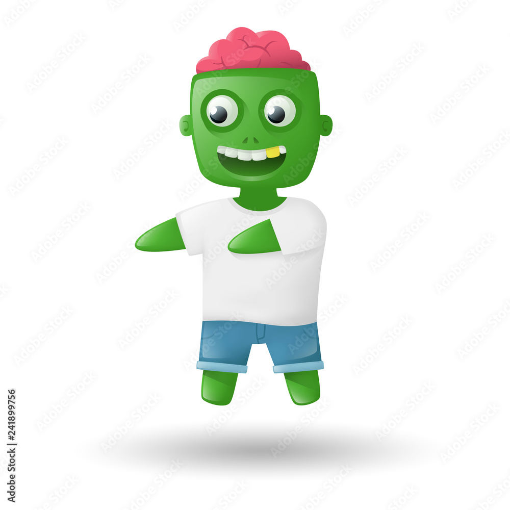 Zombie with brains out. Cute cartoon monster isolated on white background. Funny colorful character. Simple design. Beautiful glossy style. Vector illustration. Zombie with brains out. Cute cartoon monster isolated on white background. Funny colorful character. Simple design. Beautiful glossy style. Vector illustration.