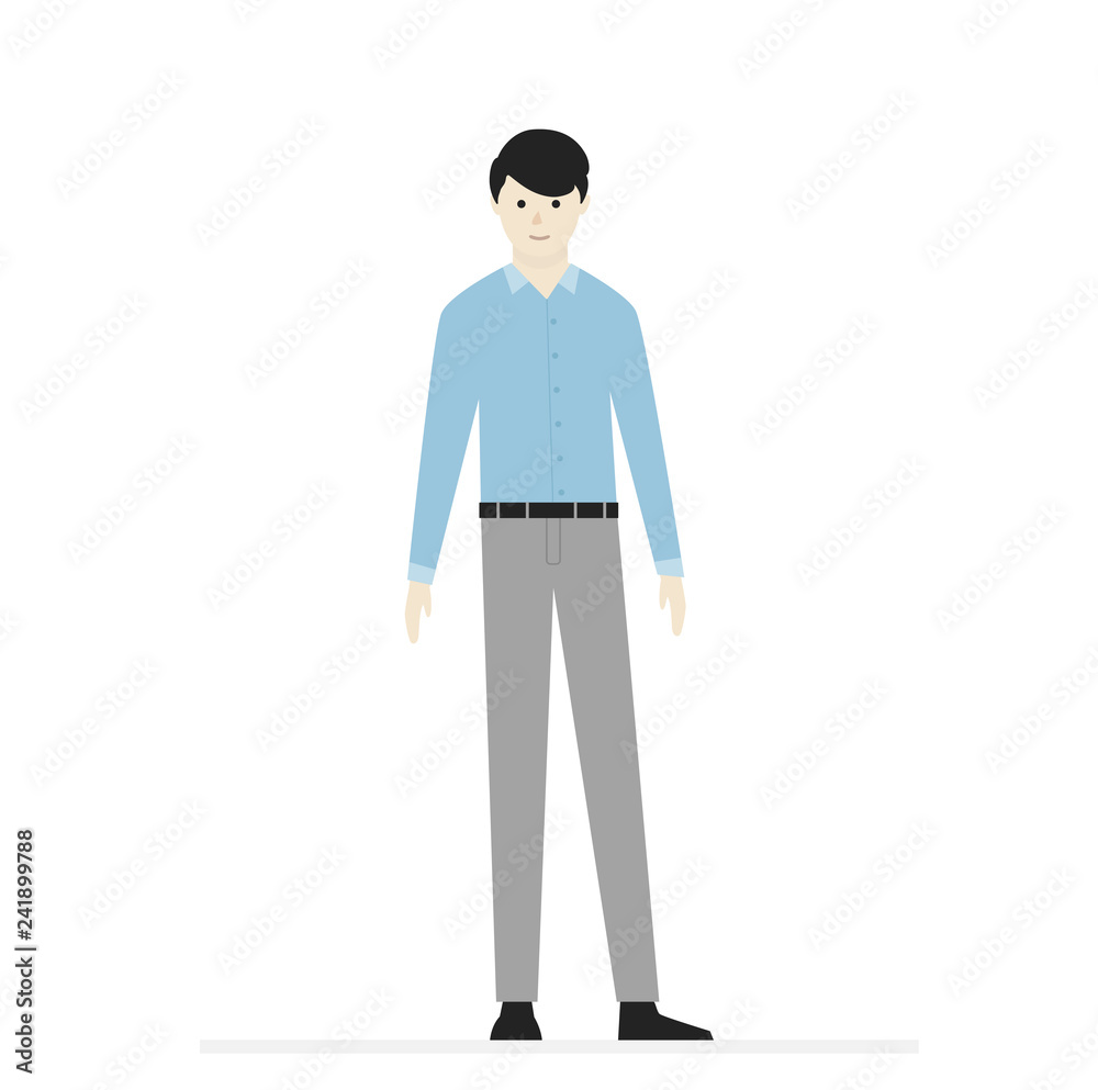 Cartoon male character. Smiling man in t-shirt, pants and shoes. For template, banner and advertising. Simple design. Flat style vector illustration.