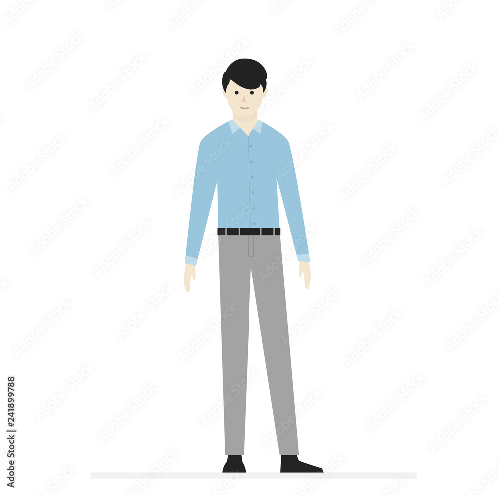 Cartoon male character. Smiling man in t-shirt, pants and shoes. For template, banner and advertising. Simple design. Flat style vector illustration. Cartoon male character. Smiling man in t-shirt, pants and shoes. For template, banner and advertising. Simple design. Flat style vector illustration.