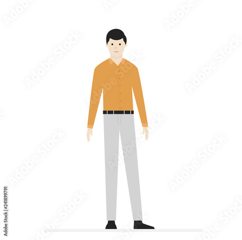 Cartoon male character. Smiling man in t-shirt, pants and shoes. For template, banner and advertising. Simple design. Flat style vector illustration.