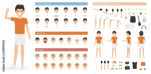 Cute cartoon boy character set isolated on a white background. Collection of emotions, hairstyles, accessories. Mouth and body animation. Simple design. Flat style vector illustration.