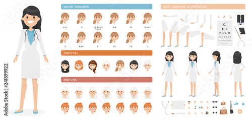 Cute cartoon doctor woman character set isolated on a white background. Collection of emotions, hairstyles, accessories. Mouth and body animation. Simple design. Flat style vector illustration.