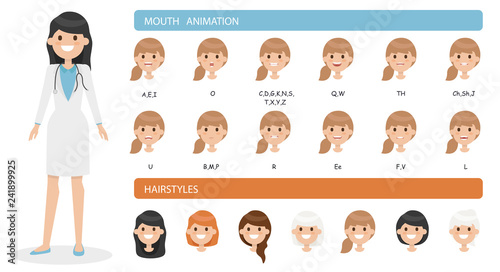 Cute cartoon doctor woman character set isolated on a white background. Collection of emotions and hairstyles. Mouth animation. Simple design. Flat style vector illustration.