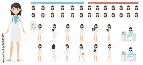 Cute cartoon girl character set isolated on a white background. Collection of emotions, hairstyles, accessories. Mouth and body animation. Simple design. Flat style vector illustration.