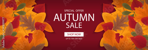 Autumn sale banner template with lettering. Background layout decorate with red, yellow and brown leaves for shop. Modern realistic design. Beautiful wallpaper. Flat style vector illustration.