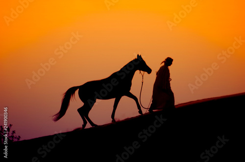 Bedouin in the desert with his arabian horse