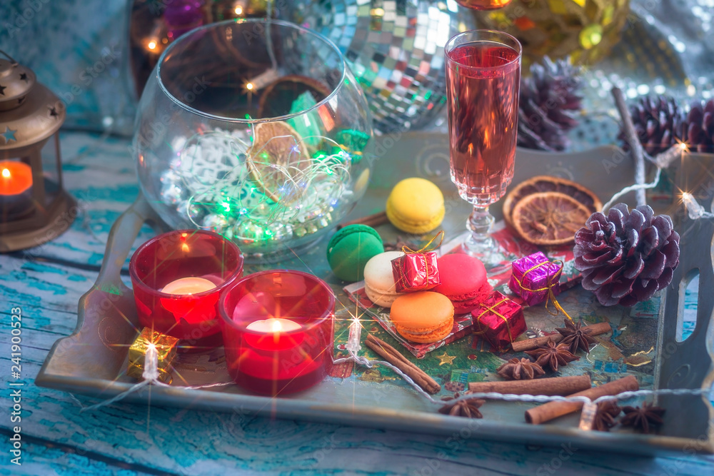 Christmas still life with glass of wine and macaroons Christmas still life with glass of wine and macaroons