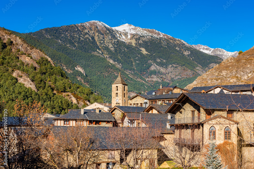 View on the village of Ordino in the Microstate of Andorra, Europe on sunny winter day