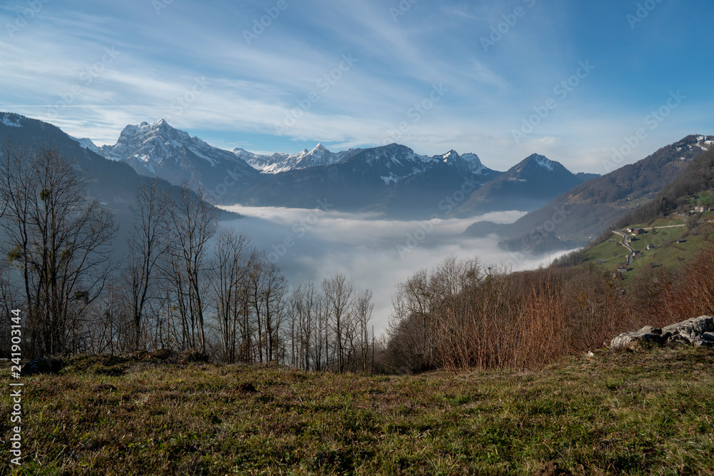 Inversionslage im Winter. Walensee, Weesen, Linth Zu- und Abfluss, Linthebene und Glarner Alpen