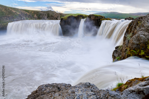 The Godafoss waterfall on Skjalfandafljot river in Iceland, Europe. The water of the river falls from a height of 12 metres over a width of 30 metres